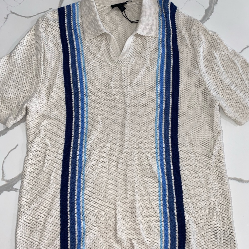 Magaschoni Ivory Polo with‎ Navy and Sky Stripes